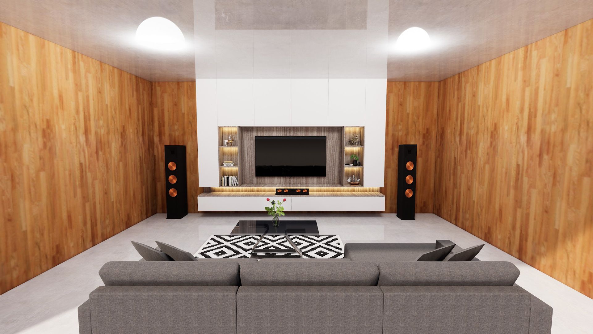 configuración de cine en casa con altavoces de piso grande.