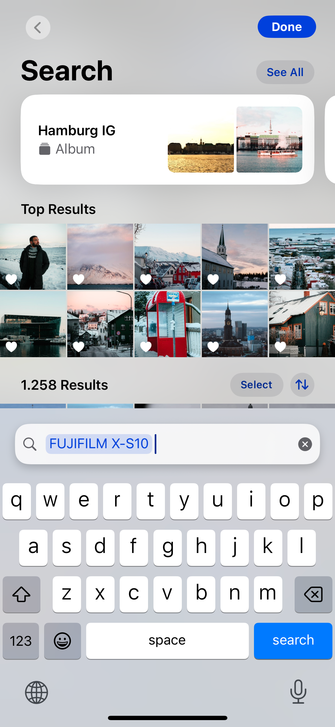 Buscando fotos tomadas en una cámara Fujifilm en la aplicación de fotos de iPhone