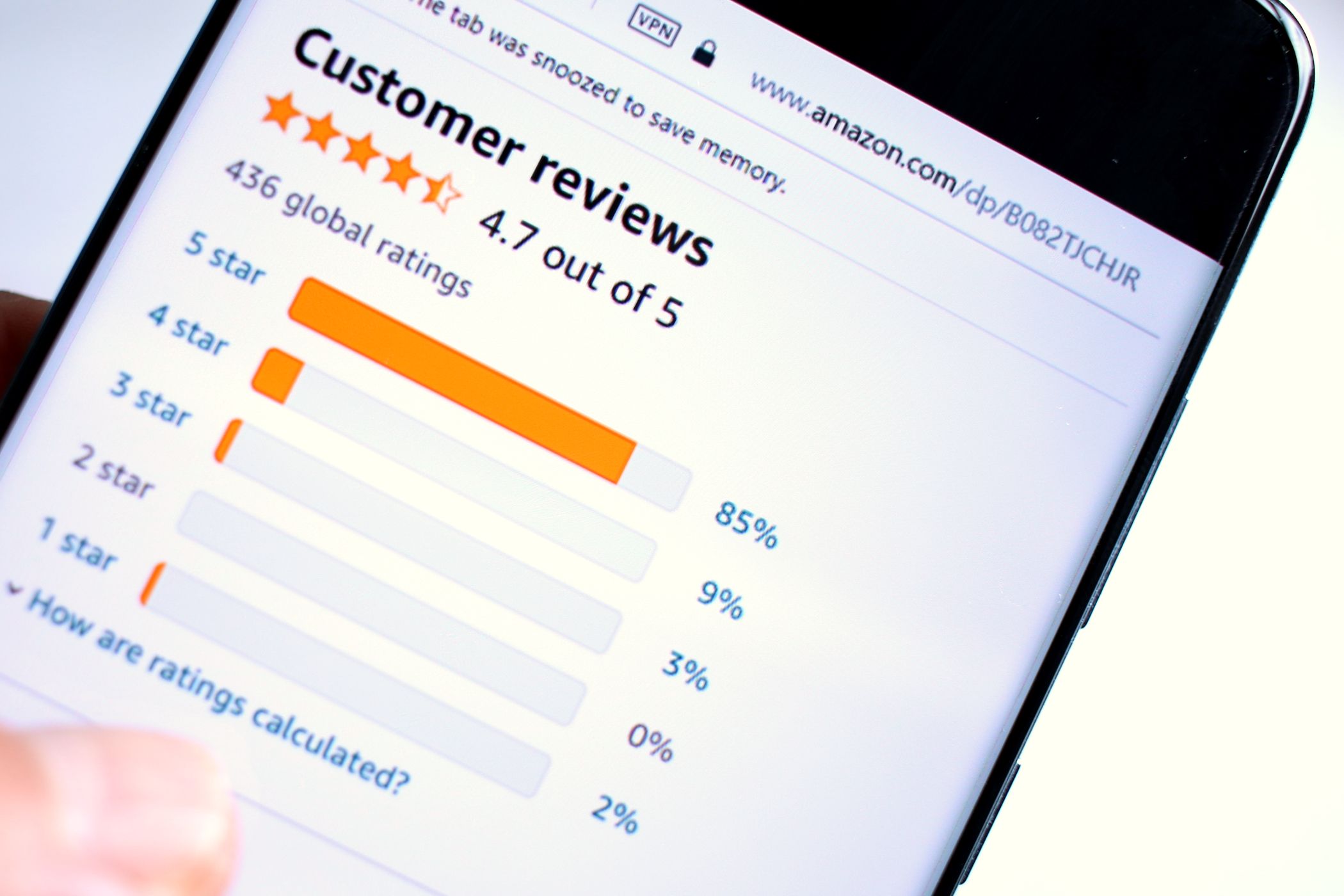 Amazon Cliente Vista de calificaciones de estrellas en la pantalla de teléfonos inteligentes