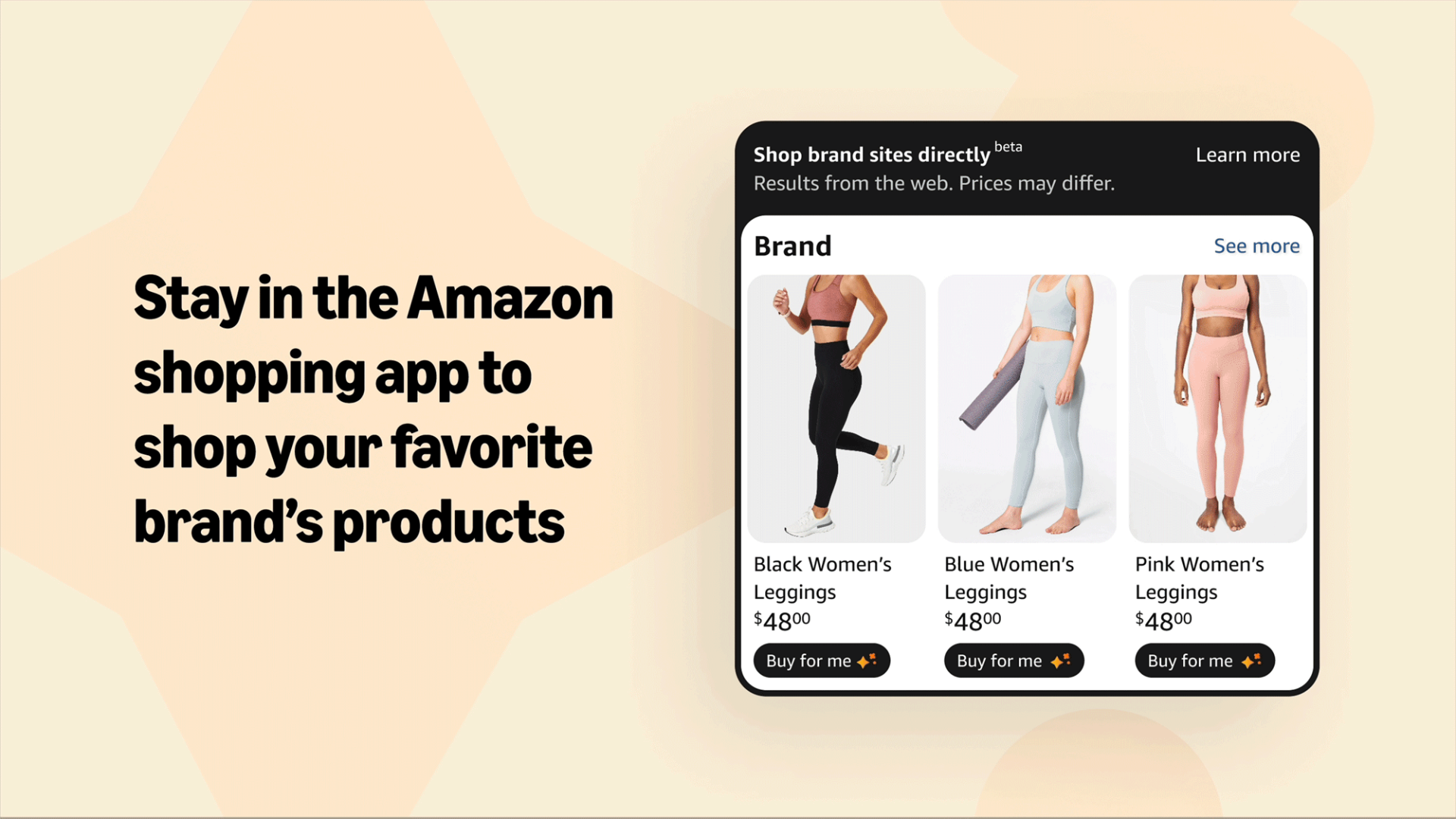 Un anuncio de Amazon que muestra la función Buy para mí, con filas de leggings para mujeres