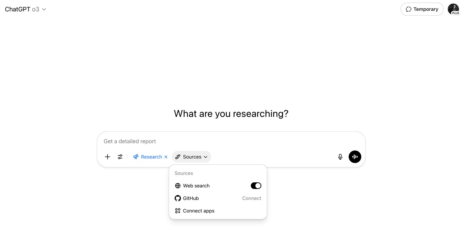El botón ChatGPT Deep Research abre un menú de fuentes adicionales.