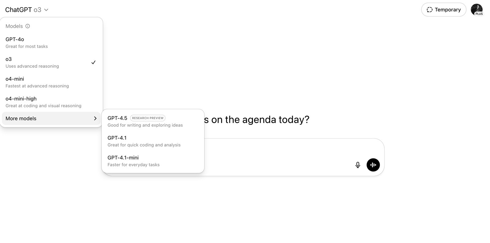 Chatgpt Plus todavía ofrece los mismos modelos AI.