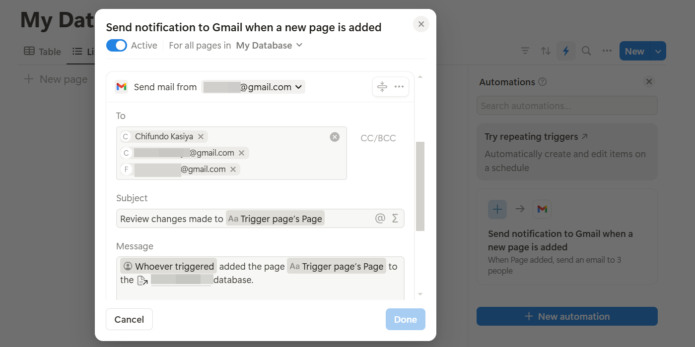 Una automatización de Gmail creada en la noción.