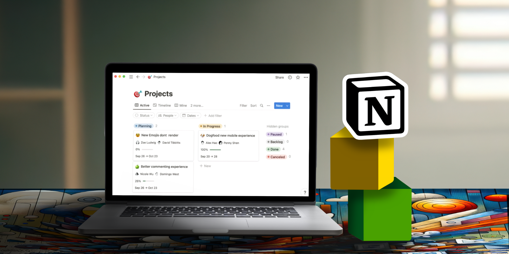 Laptop que muestra una herramienta de gestión de proyectos, con una superposición de icono de noción.