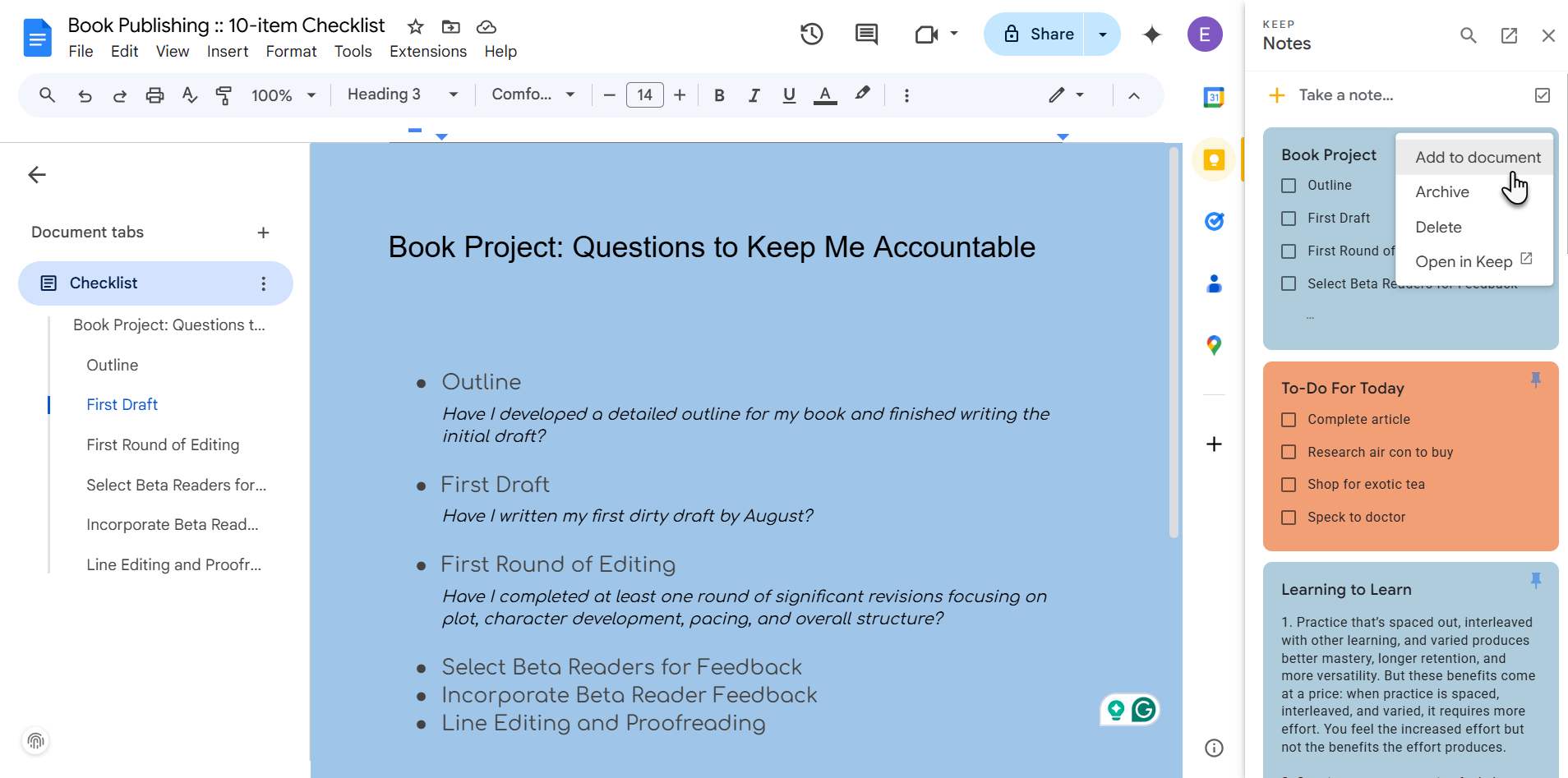 Enviar notas de Keep a Google Docs