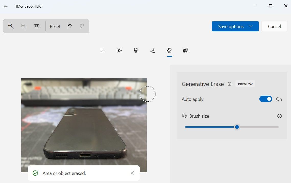 Graser de objetos en la aplicación Windows 11 Photos