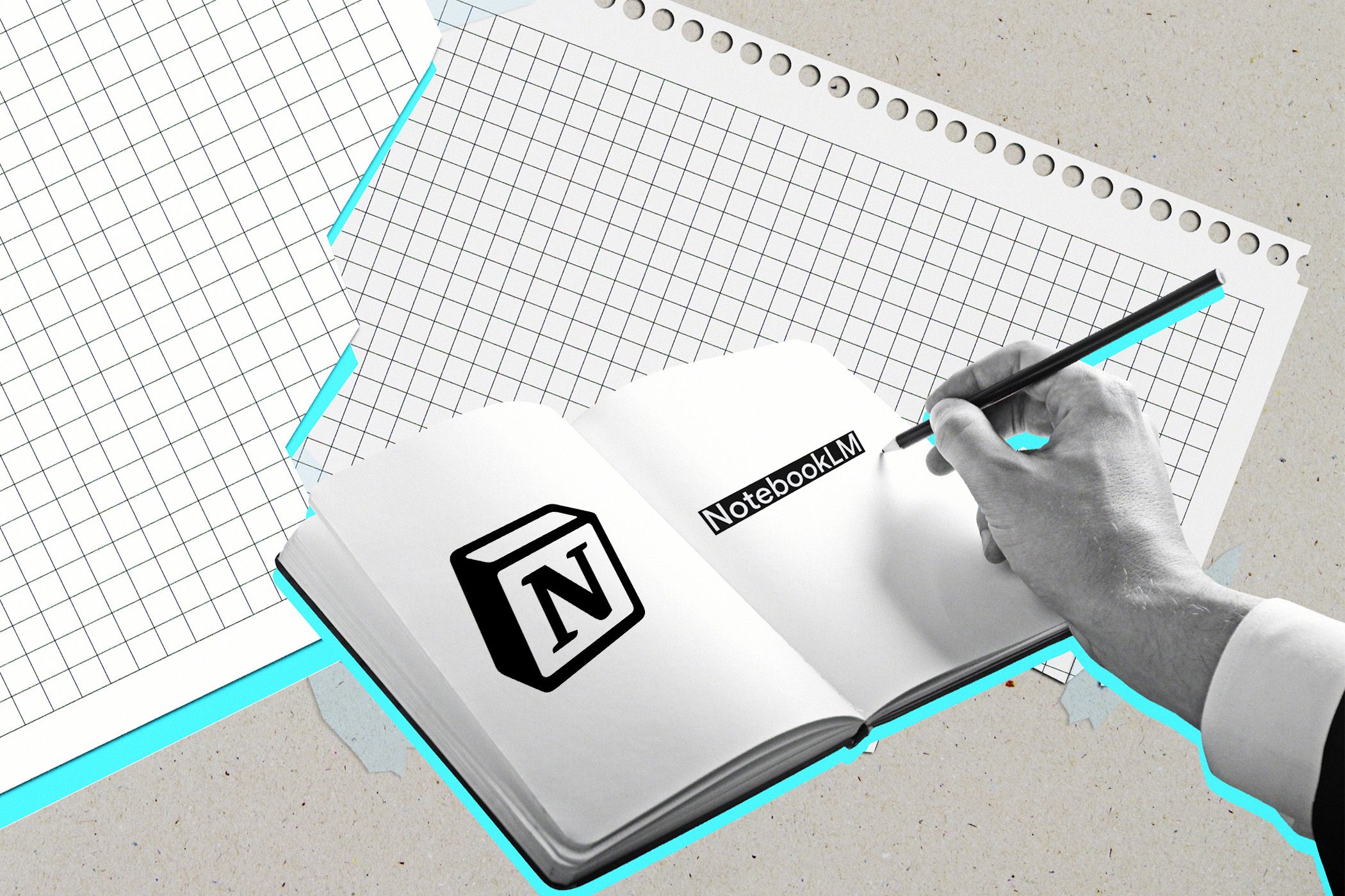 Abra el libro con la noción y los logotipos de cuaderno en las páginas