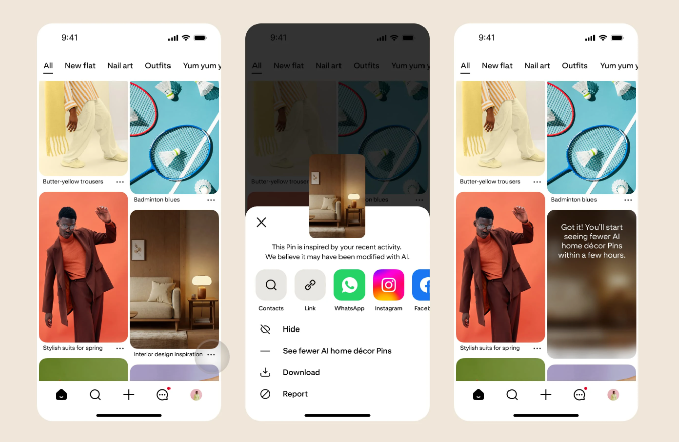 Un ejemplo de cómo puede elegir ver menos alfileres de IA en Pinterest