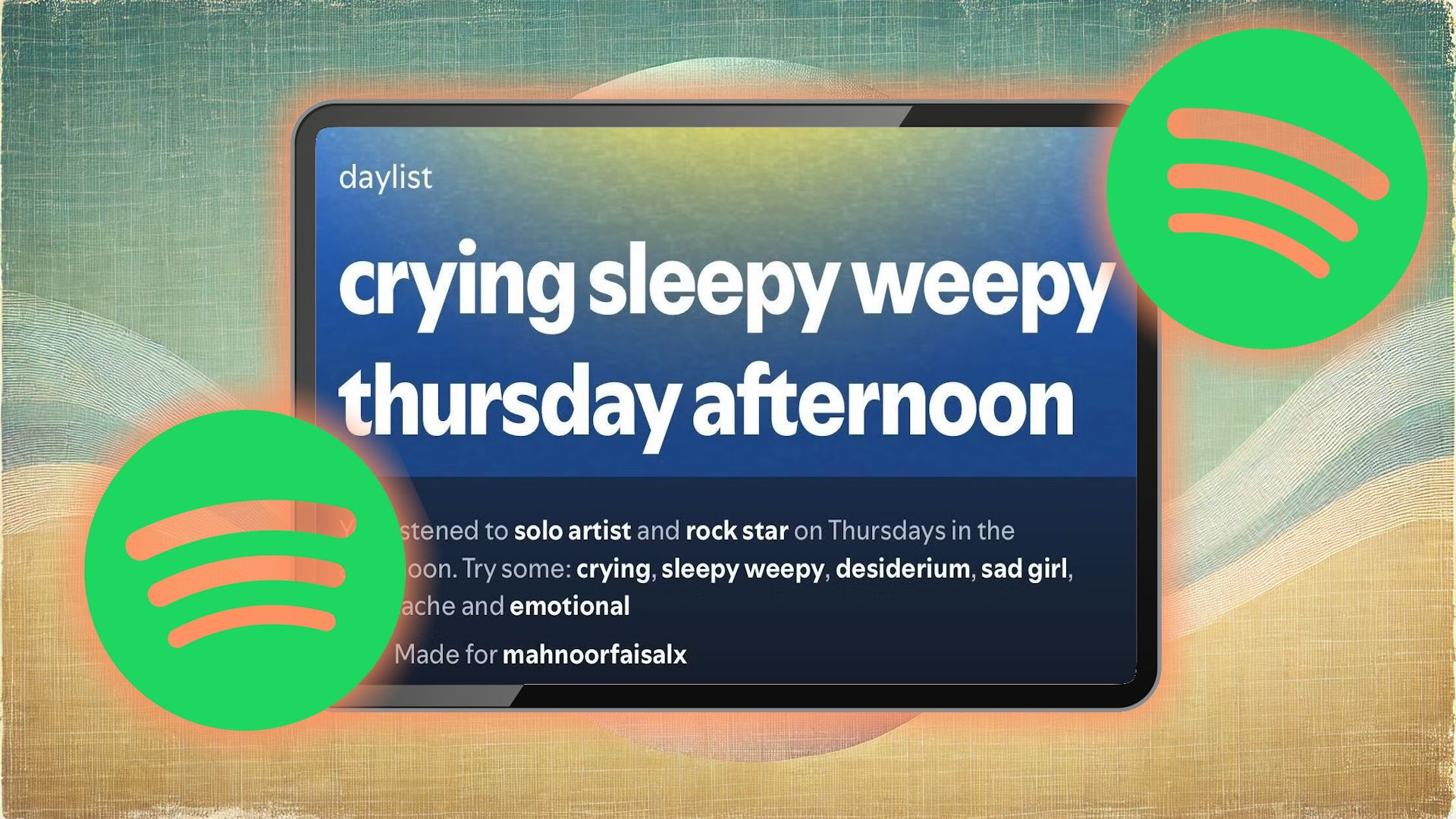 Logotipo de Spotify con la lista de día de Spotify en el marco de la tableta.