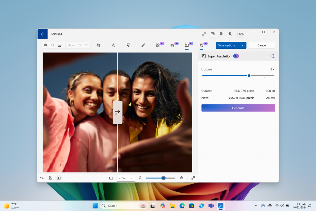 Microsoft Photos muestra una herramienta de súper resolución que mejora la calidad de una selfie de tres amigos